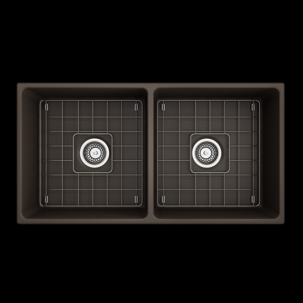 Vigneto Apron Front Fireclay 36 in. Double Bowl Kitchen Sink with Protective Bottom Grids and Strainers in Matte Brown