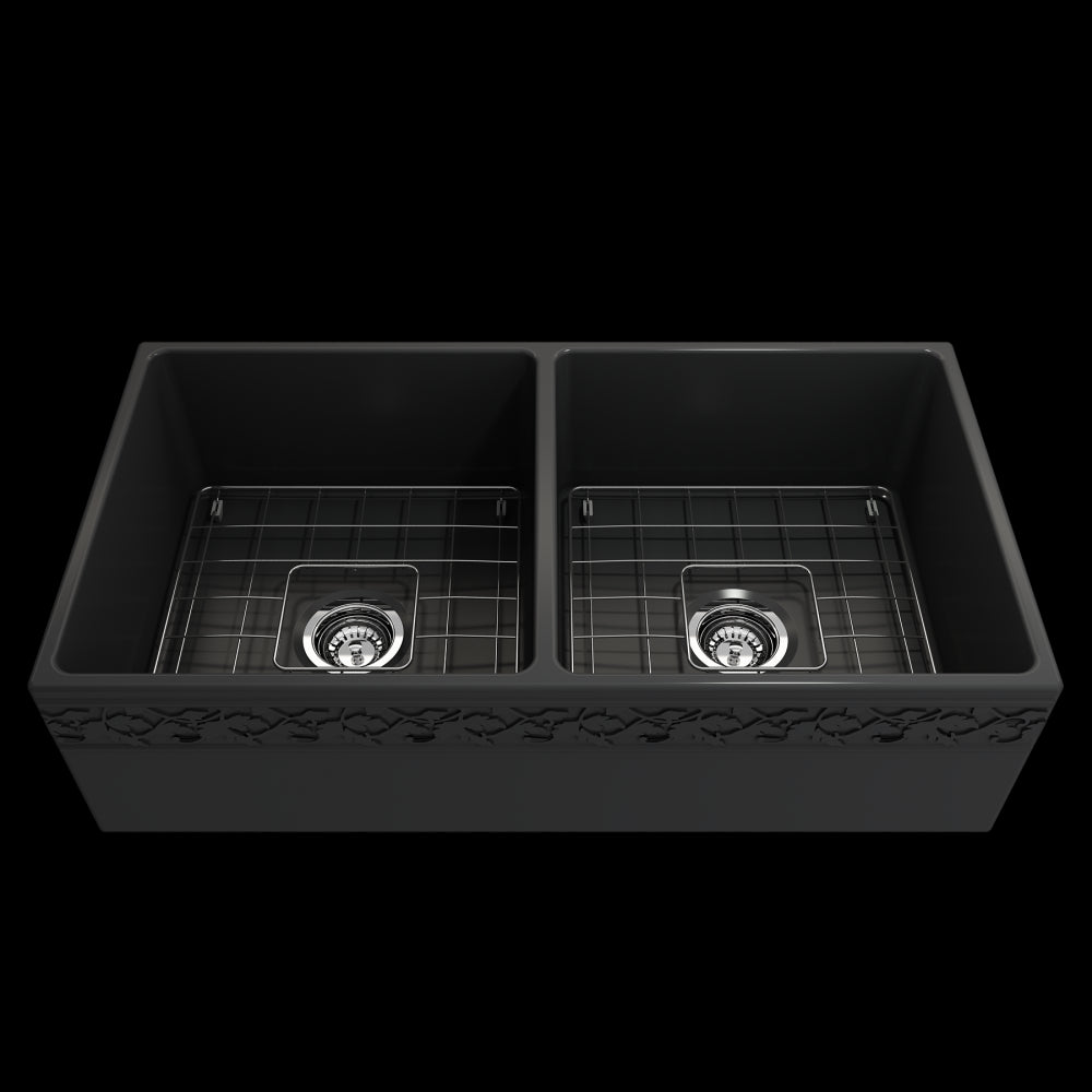 Vigneto Apron Front Fireclay 36 in. Double Bowl Kitchen Sink with Protective Bottom Grids and Strainers in Matte Dark Gray