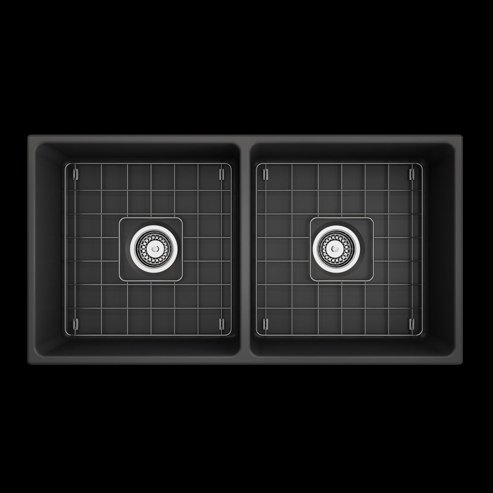 Vigneto Apron Front Fireclay 36 in. Double Bowl Kitchen Sink with Protective Bottom Grids and Strainers in Matte Dark Gray