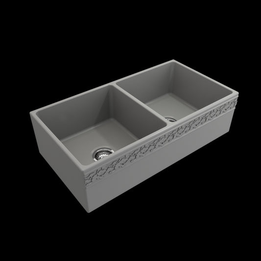 Vigneto Apron Front Fireclay 36 in. Double Bowl Kitchen Sink with Protective Bottom Grids and Strainers in Matte Gray