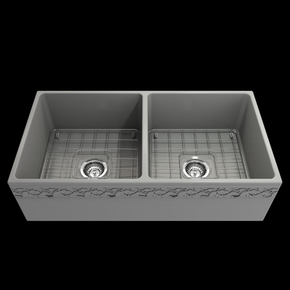 Vigneto Apron Front Fireclay 36 in. Double Bowl Kitchen Sink with Protective Bottom Grids and Strainers in Matte Gray