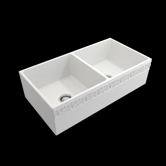 Vigneto Apron Front Fireclay 36 in. Double Bowl Kitchen Sink with Protective Bottom Grids and Strainers in Matte White