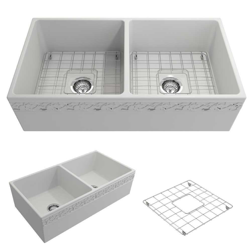 Vigneto Apron Front Fireclay 36 in. Double Bowl Kitchen Sink with Protective Bottom Grids and Strainers in Matte White