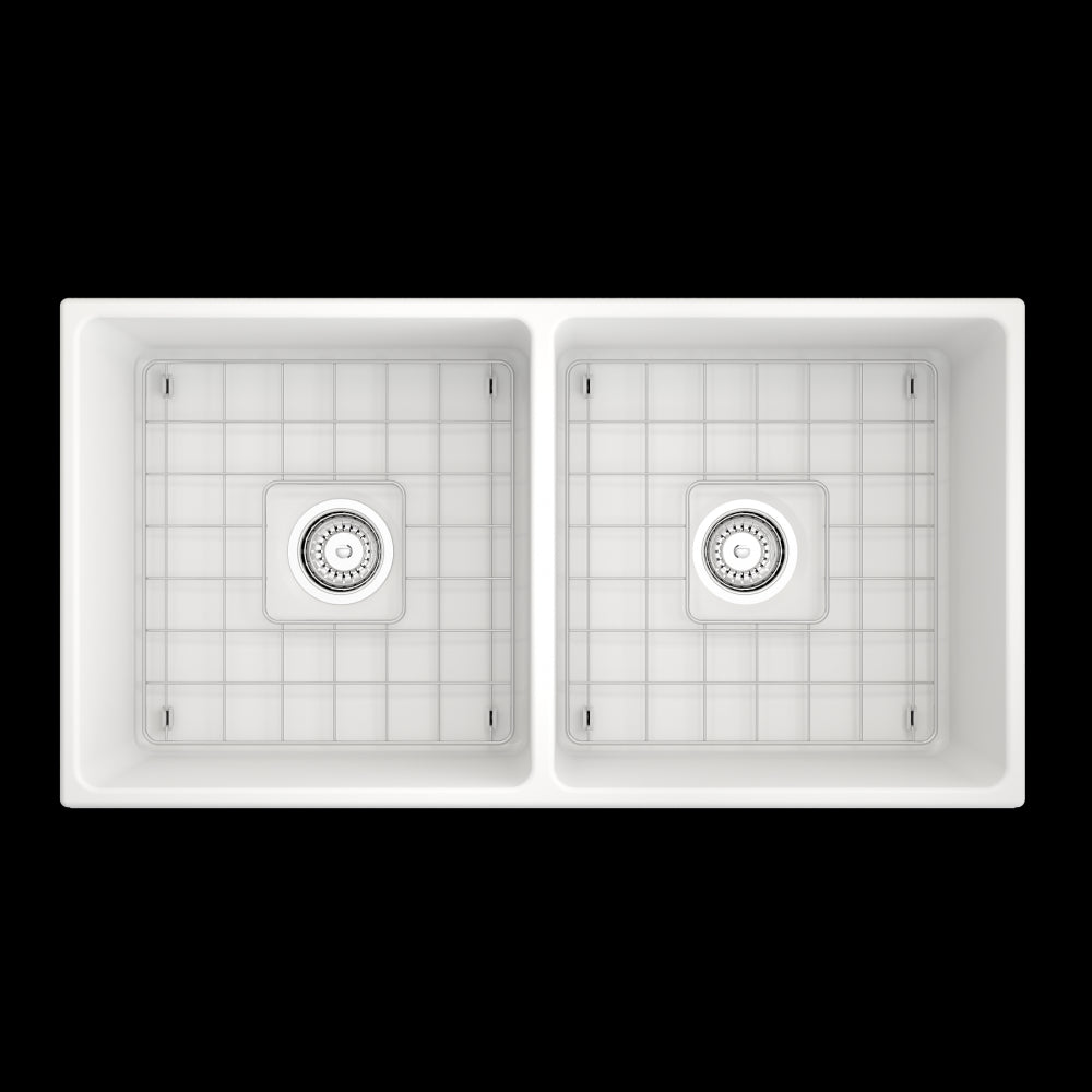 Vigneto Apron Front Fireclay 36 in. Double Bowl Kitchen Sink with Protective Bottom Grids and Strainers in Matte White