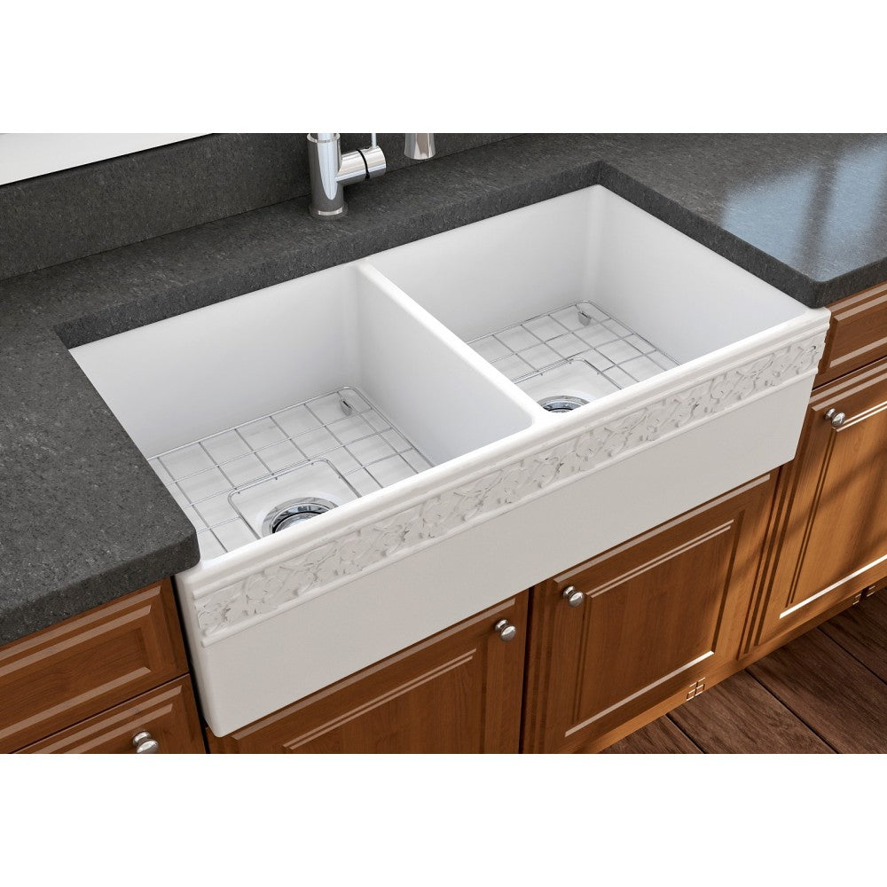 Vigneto Apron Front Fireclay 36 in. Double Bowl Kitchen Sink with Protective Bottom Grids and Strainers in Matte White