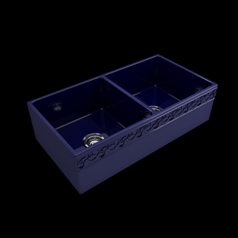 Vigneto Apron Front Fireclay 36 in. Double Bowl Kitchen Sink with Protective Bottom Grids and Strainers in Sapphire Blue