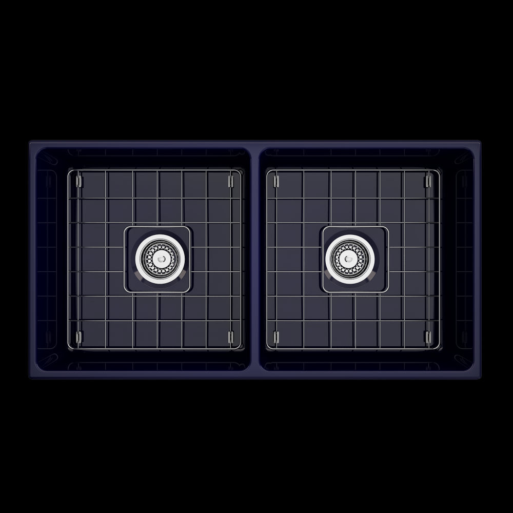 Vigneto Apron Front Fireclay 36 in. Double Bowl Kitchen Sink with Protective Bottom Grids and Strainers in Sapphire Blue