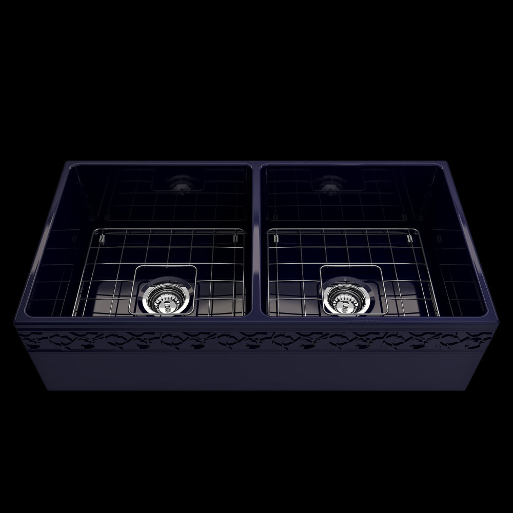 Vigneto Apron Front Fireclay 36 in. Double Bowl Kitchen Sink with Protective Bottom Grids and Strainers in Sapphire Blue