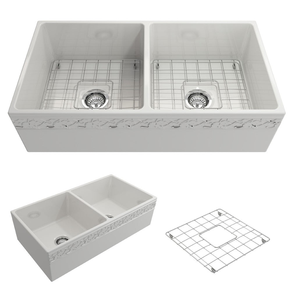 Vigneto Apron Front Fireclay 36 in. Double Bowl Kitchen Sink with Protective Bottom Grids and Strainers in White