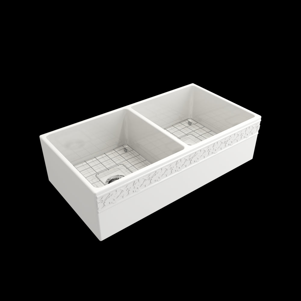 Vigneto Apron Front Fireclay 36 in. Double Bowl Kitchen Sink with Protective Bottom Grids and Strainers in White
