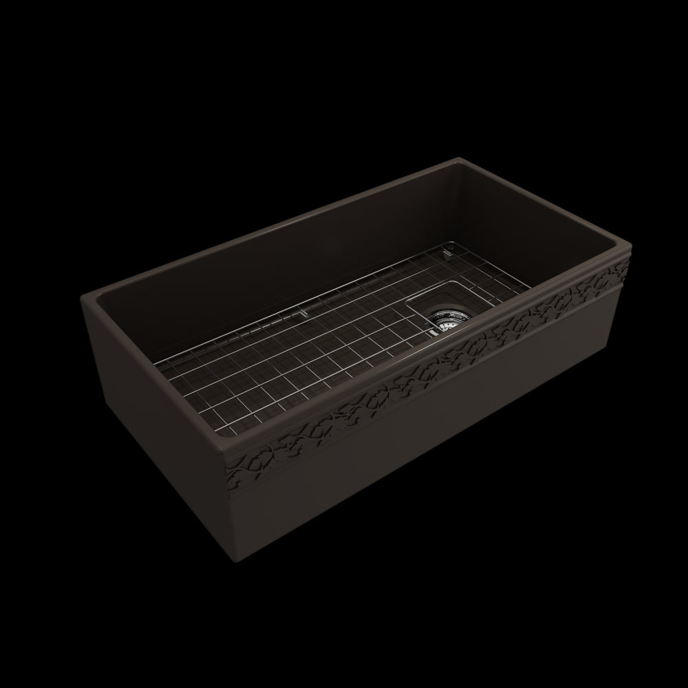 Vigneto Apron Front Fireclay 36 in. Single Bowl Kitchen Sink with Protective Bottom Grid and Strainer in Matte Brown