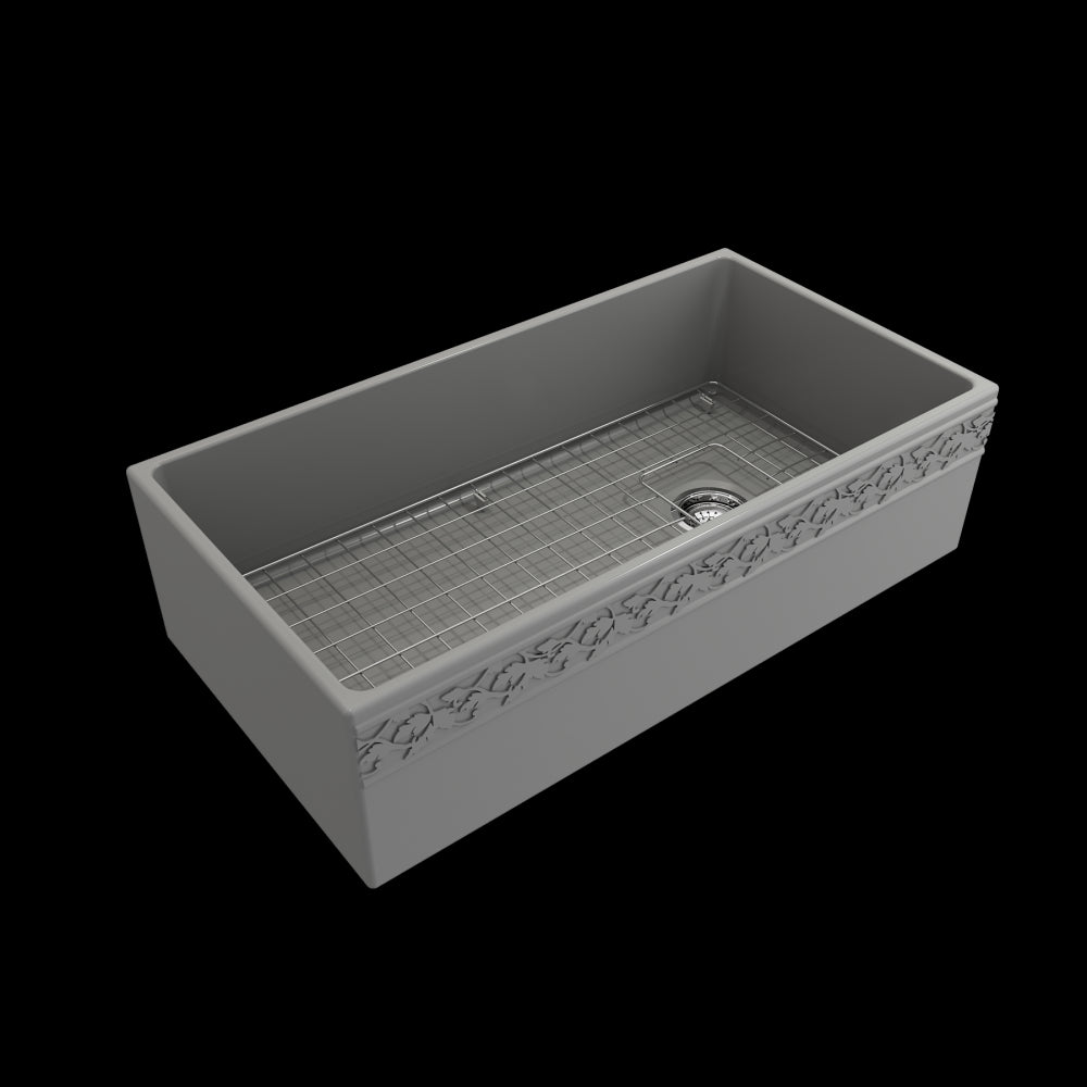 Vigneto Apron Front Fireclay 36 in. Single Bowl Kitchen Sink with Protective Bottom Grid and Strainer in Matte Gray