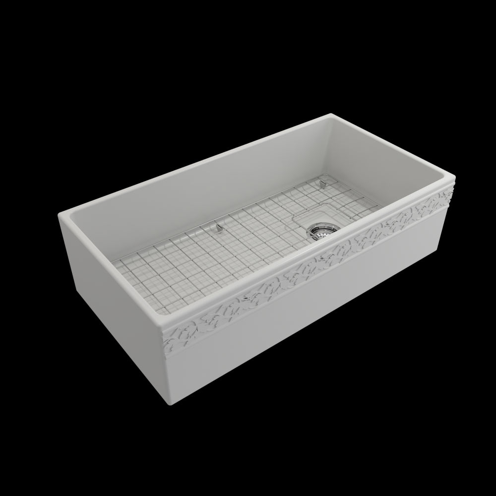 Vigneto Apron Front Fireclay 36 in. Single Bowl Kitchen Sink with Protective Bottom Grid and Strainer in Matte White