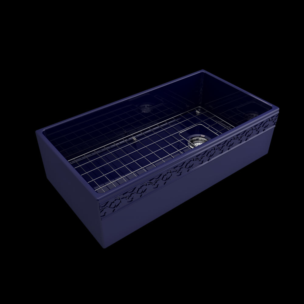 Vigneto Apron Front Fireclay 36 in. Single Bowl Kitchen Sink with Protective Bottom Grid and Strainer in Sapphire Blue