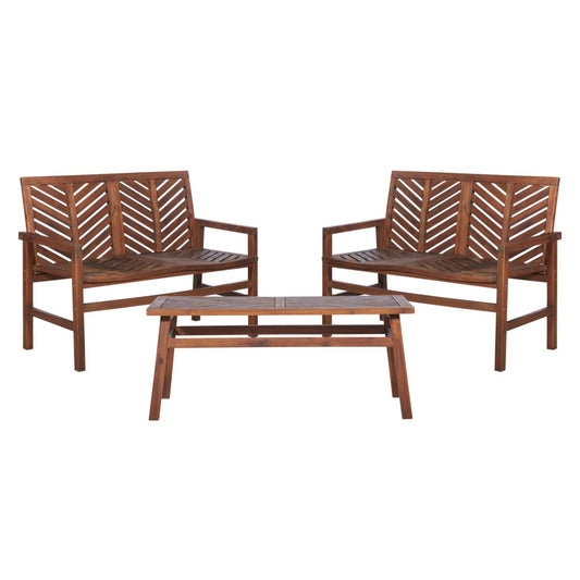Vincent 3-Piece Chevron Outdoor Patio Loveseat Chat Set - Dark Brown