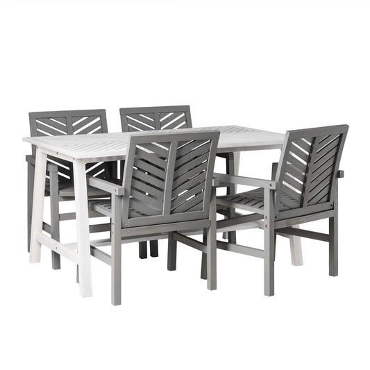 Vincent Solid Acacia Wood 5 Piece Chevron Dining Set - White Wash