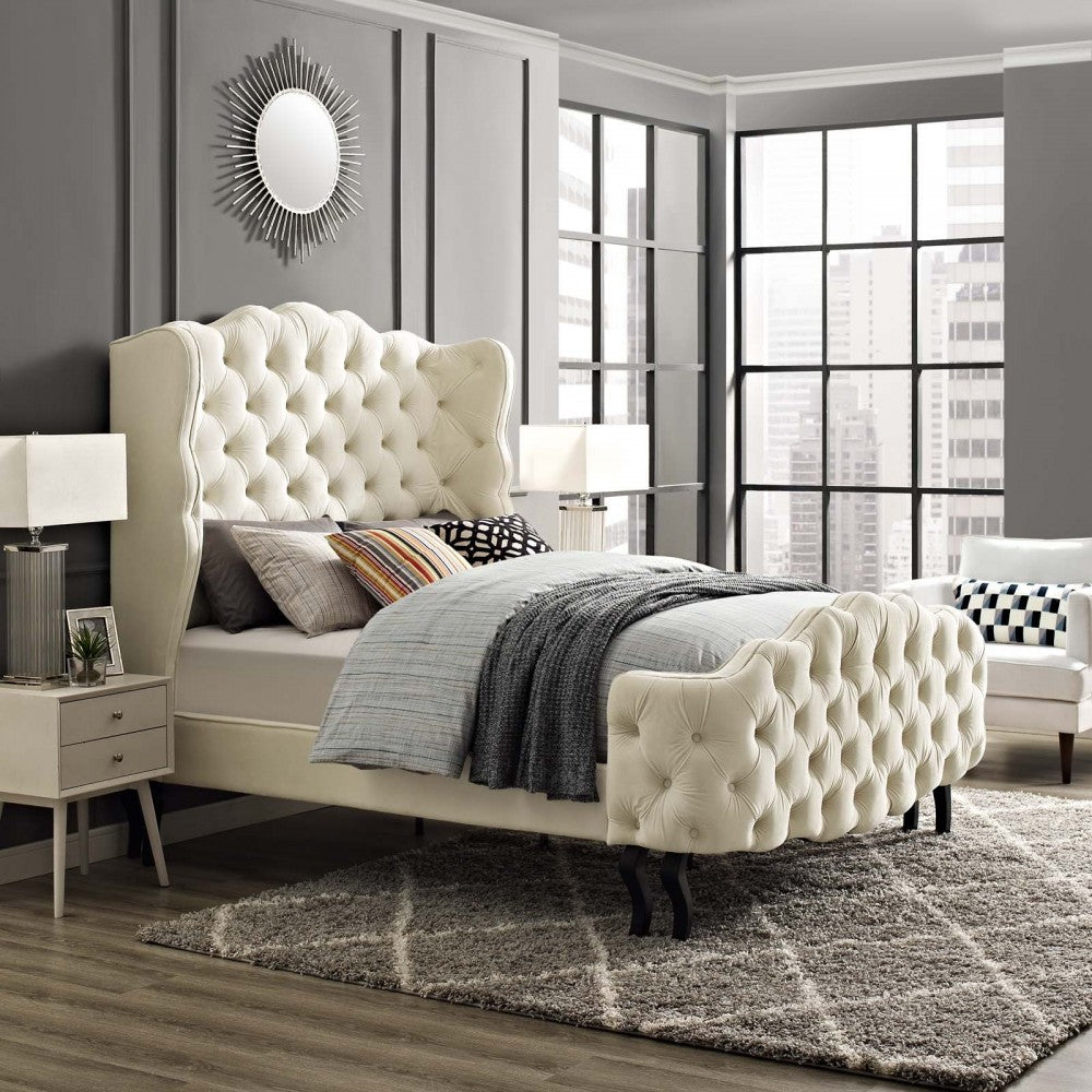 Violette Queen Tufted Wingback Performance Velvet Platform Bed, Gray, MOD-5804-IVO