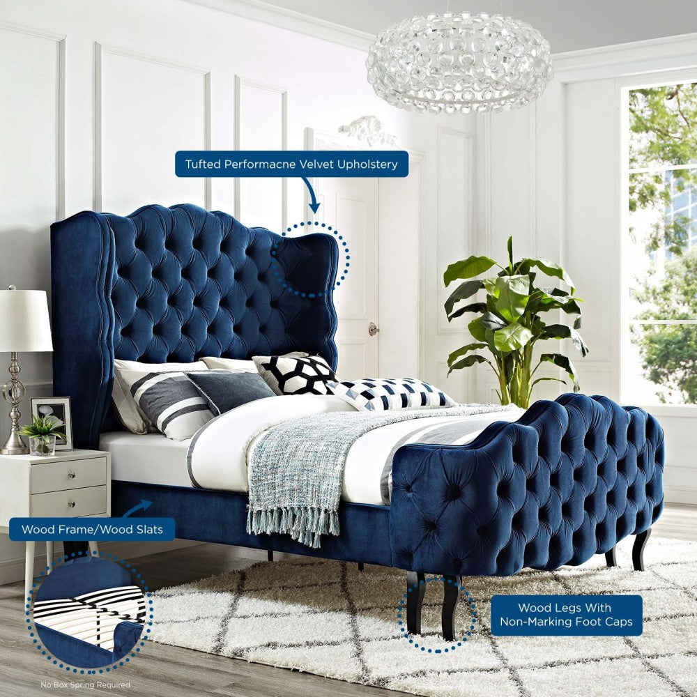 Violette Queen Tufted Wingback Performance Velvet Platform Bed, Gray, MOD-5804-NAV