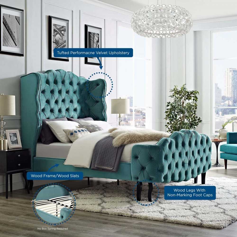 Violette Queen Tufted Wingback Performance Velvet Platform Bed, Gray, MOD-5804-SEA