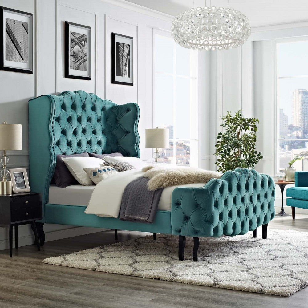 Violette Queen Tufted Wingback Performance Velvet Platform Bed, Gray, MOD-5804-SEA