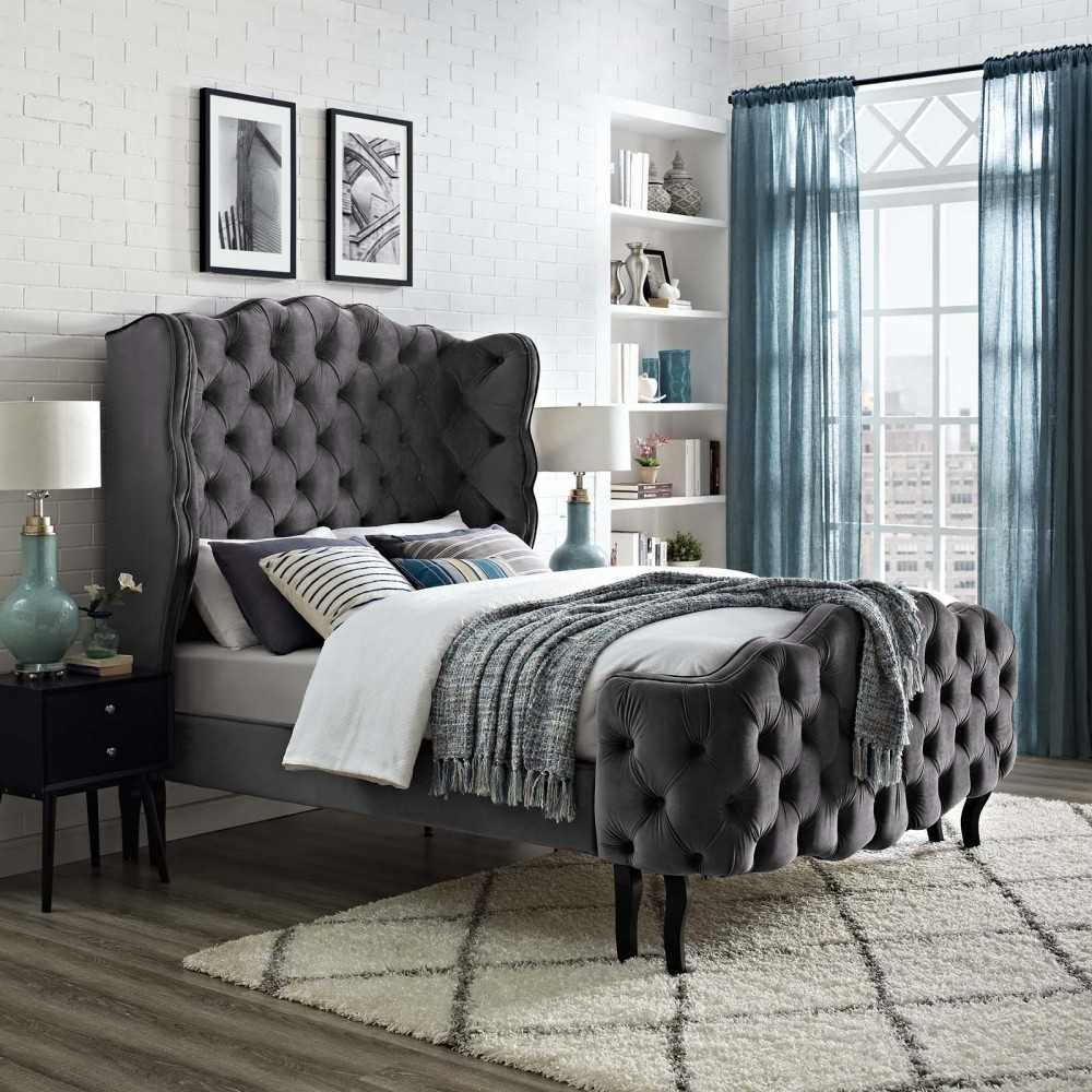 Violette Queen Tufted Wingback Performance Velvet Platform Bed, Gray, MOD-5804-GRY