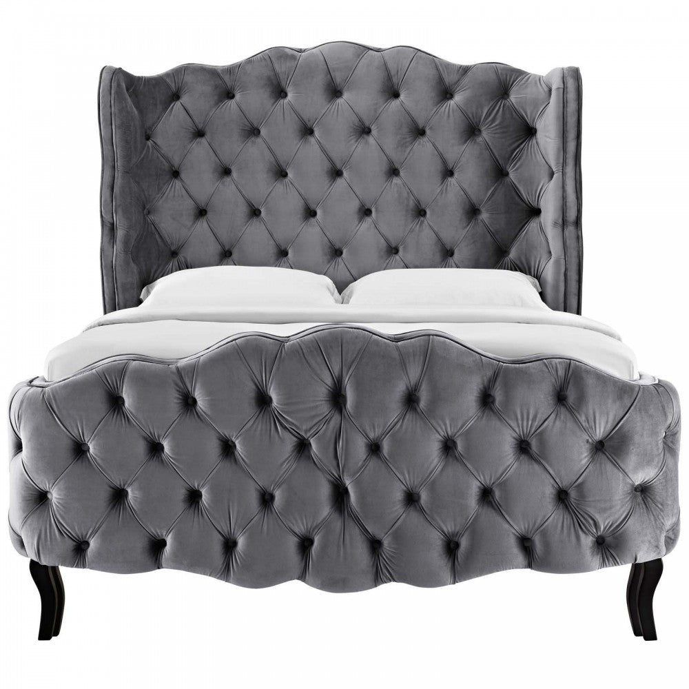 Violette Queen Tufted Wingback Performance Velvet Platform Bed, Gray, MOD-5804-GRY