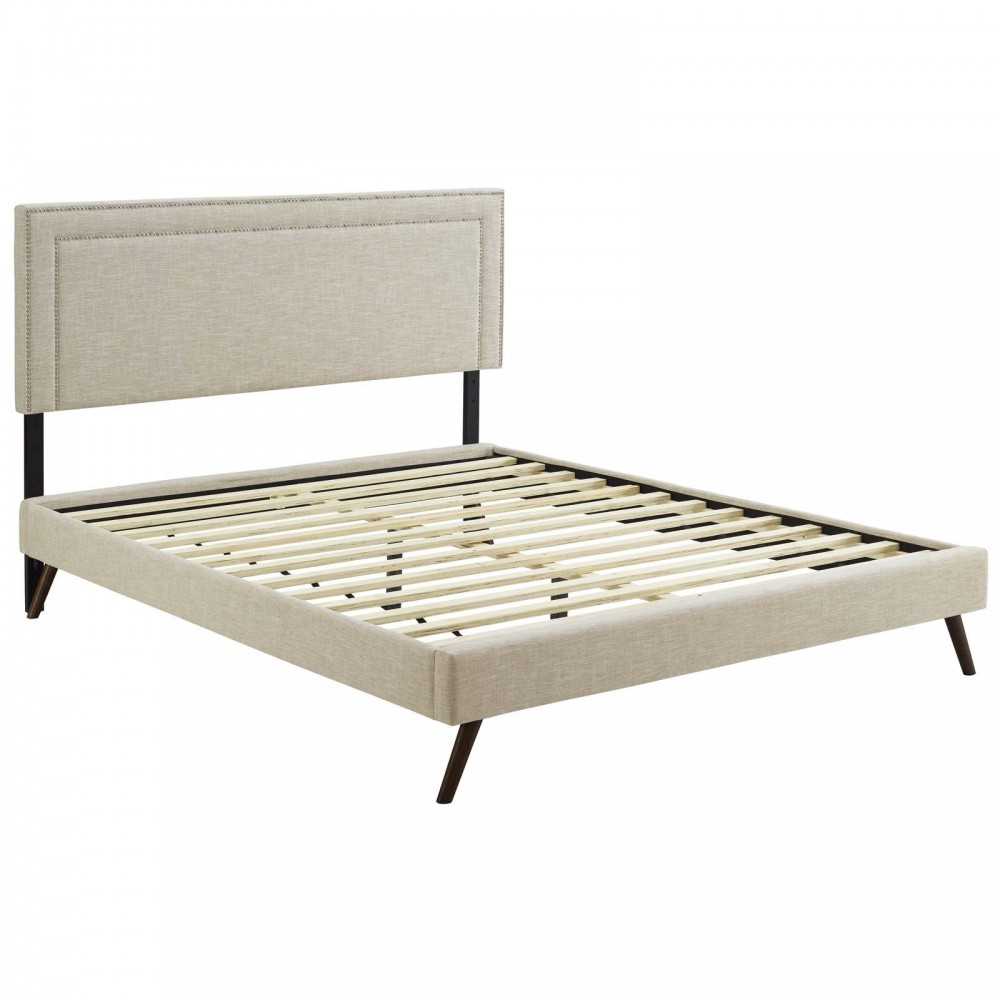 Virginia Full Fabric Platform Bed with Round Splayed Legs, Beige