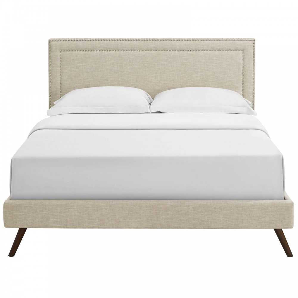 Virginia Full Fabric Platform Bed with Round Splayed Legs, Beige