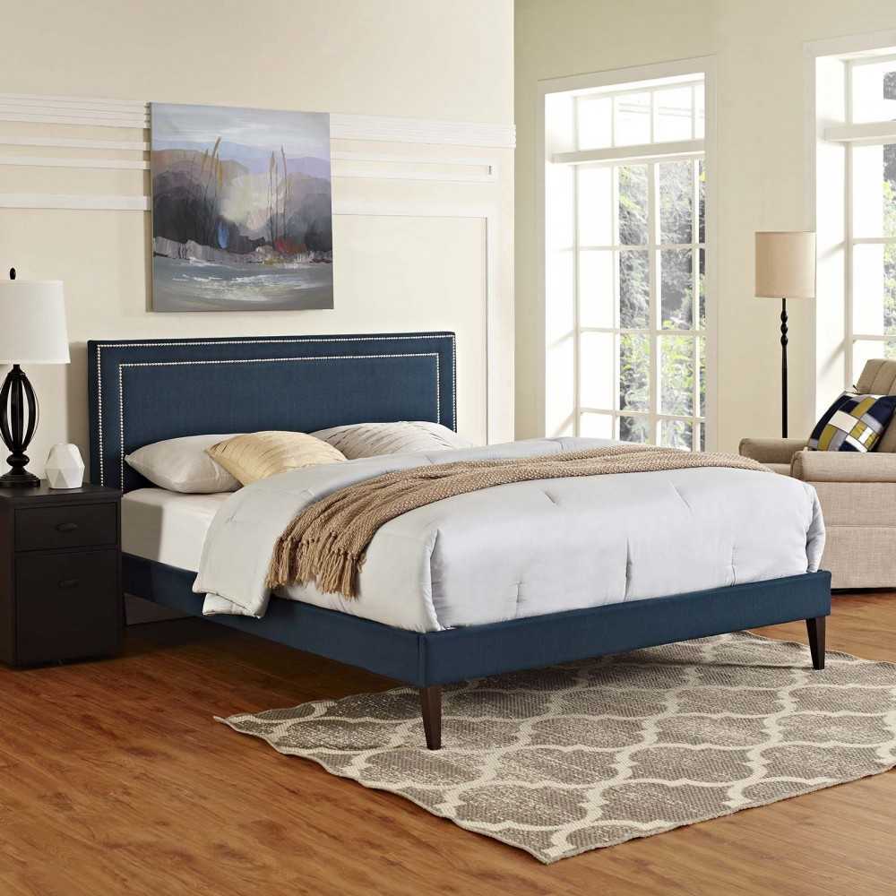 Virginia Full Fabric Platform Bed with Squared Tapered Legs, Azure