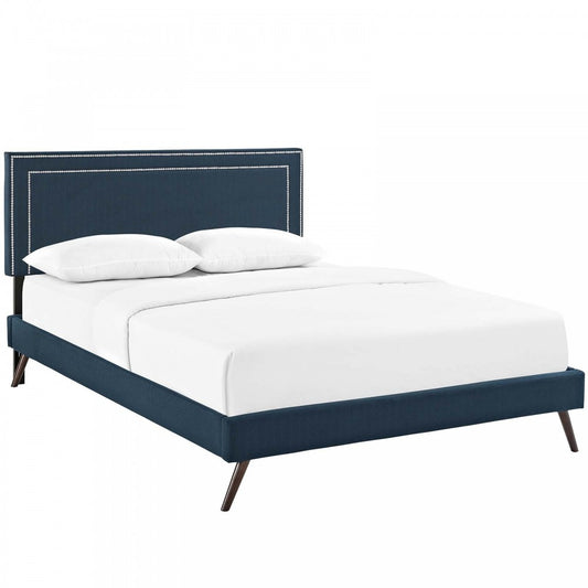 Virginia Queen Fabric Platform Bed with Round Splayed Legs, Azure