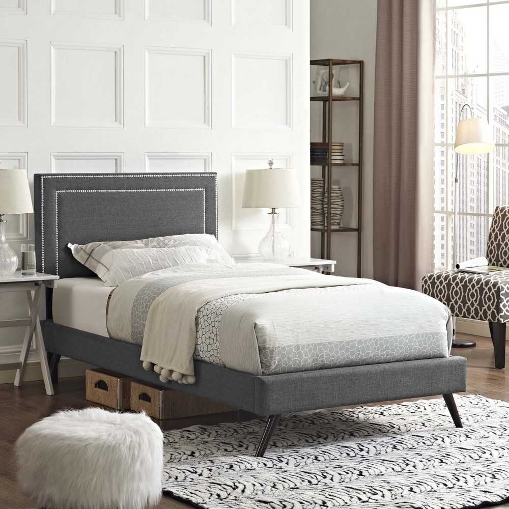 Virginia Twin Fabric Platform Bed with Round Splayed Legs, Gray