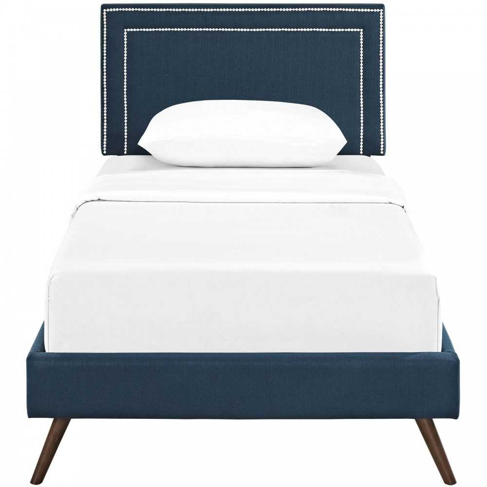 Virginia Twin Fabric Platform Bed with Round Splayed Legs, Azure