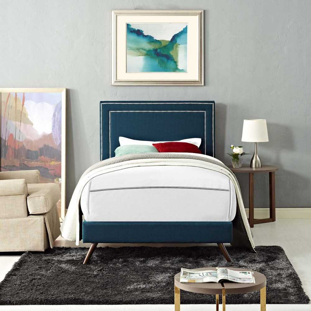 Virginia Twin Fabric Platform Bed with Round Splayed Legs, Azure