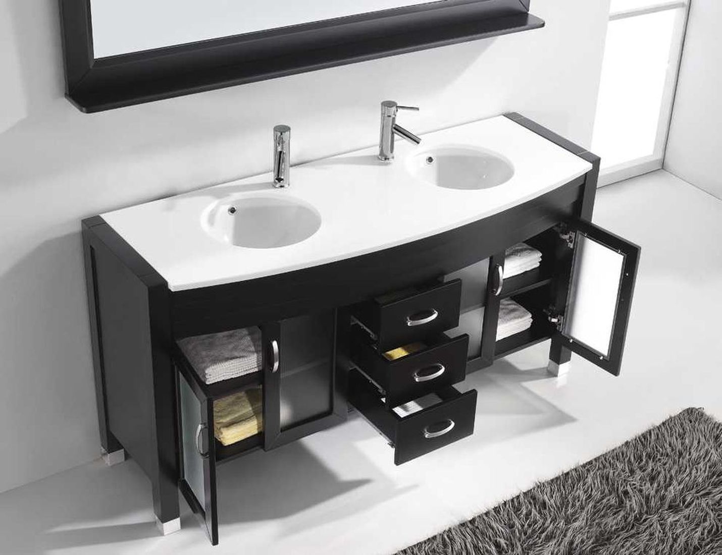 Ava 63" Double Bath Vanity in Espresso with White Engineered Stone Top and Round Sinks