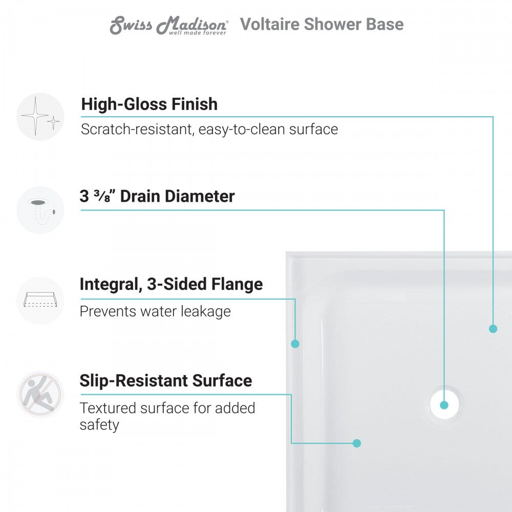 Voltaire 36 x 36 Acrylic White, Single-Threshold, Center Drain, Shower Base