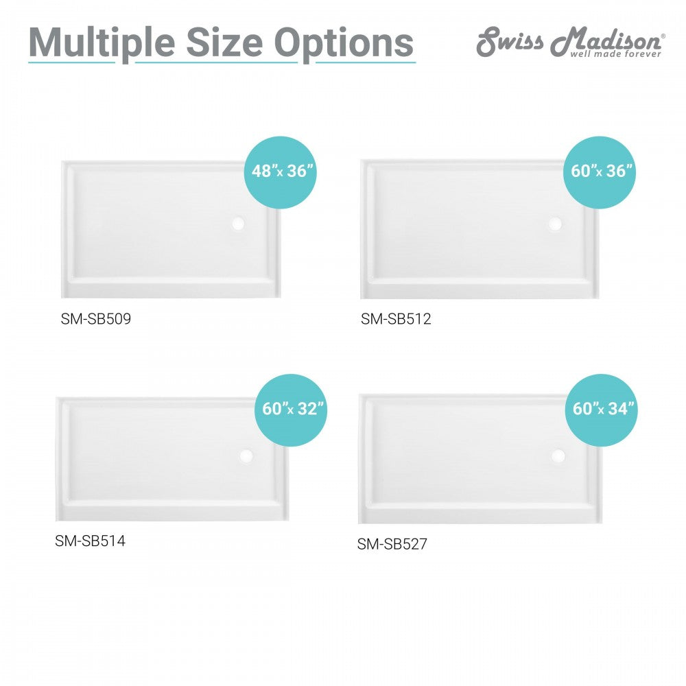 Voltaire 48" x 36" Acrylic White, Single-Threshold, Right Drain, Shower Base