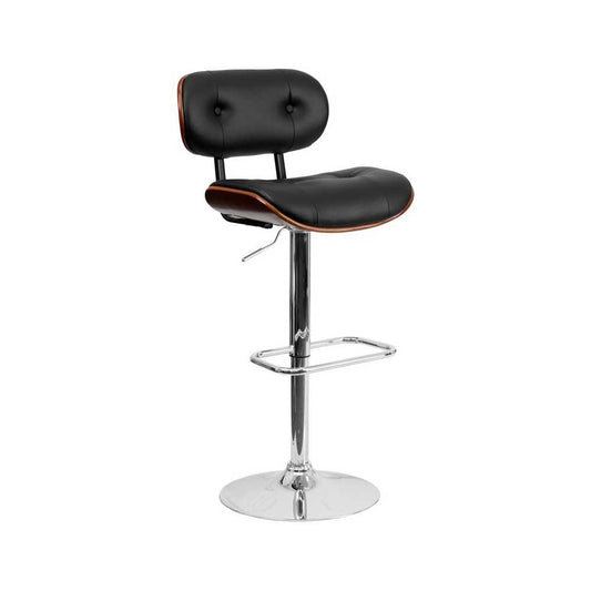 Walnut Bentwood Adjustable Height Barstool with Button Tufted Black Vinyl Seat