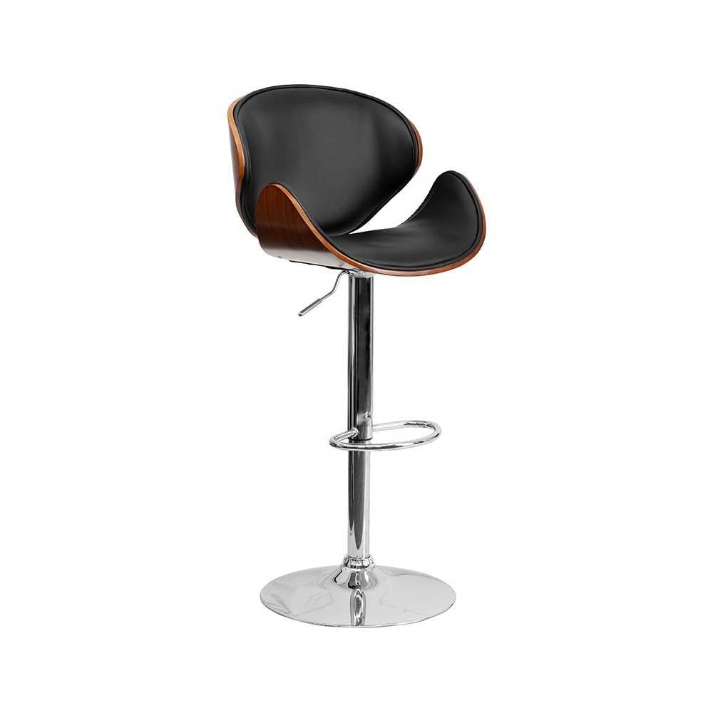 Walnut Bentwood Adjustable Height Barstool with Curved Back and Black Vinyl Seat