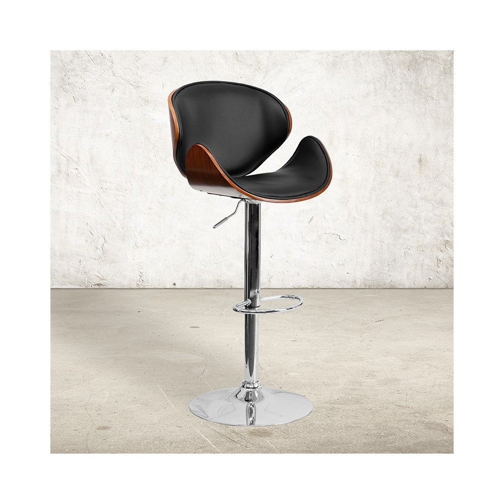 Walnut Bentwood Adjustable Height Barstool with Curved Back and Black Vinyl Seat
