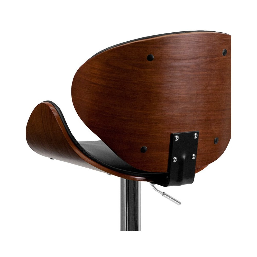 Walnut Bentwood Adjustable Height Barstool with Curved Back and Black Vinyl Seat