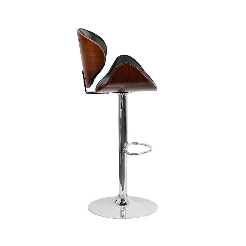 Walnut Bentwood Adjustable Height Barstool with Curved Back and Black Vinyl Seat