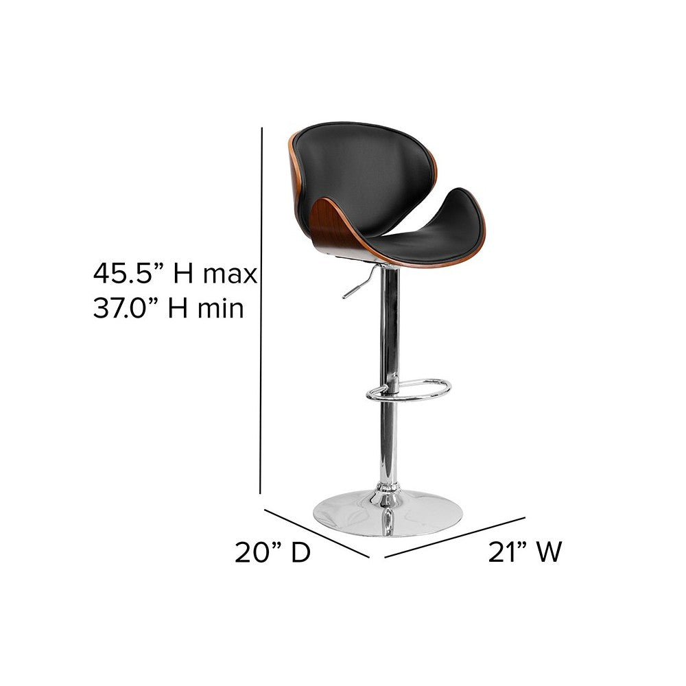 Walnut Bentwood Adjustable Height Barstool with Curved Back and Black Vinyl Seat