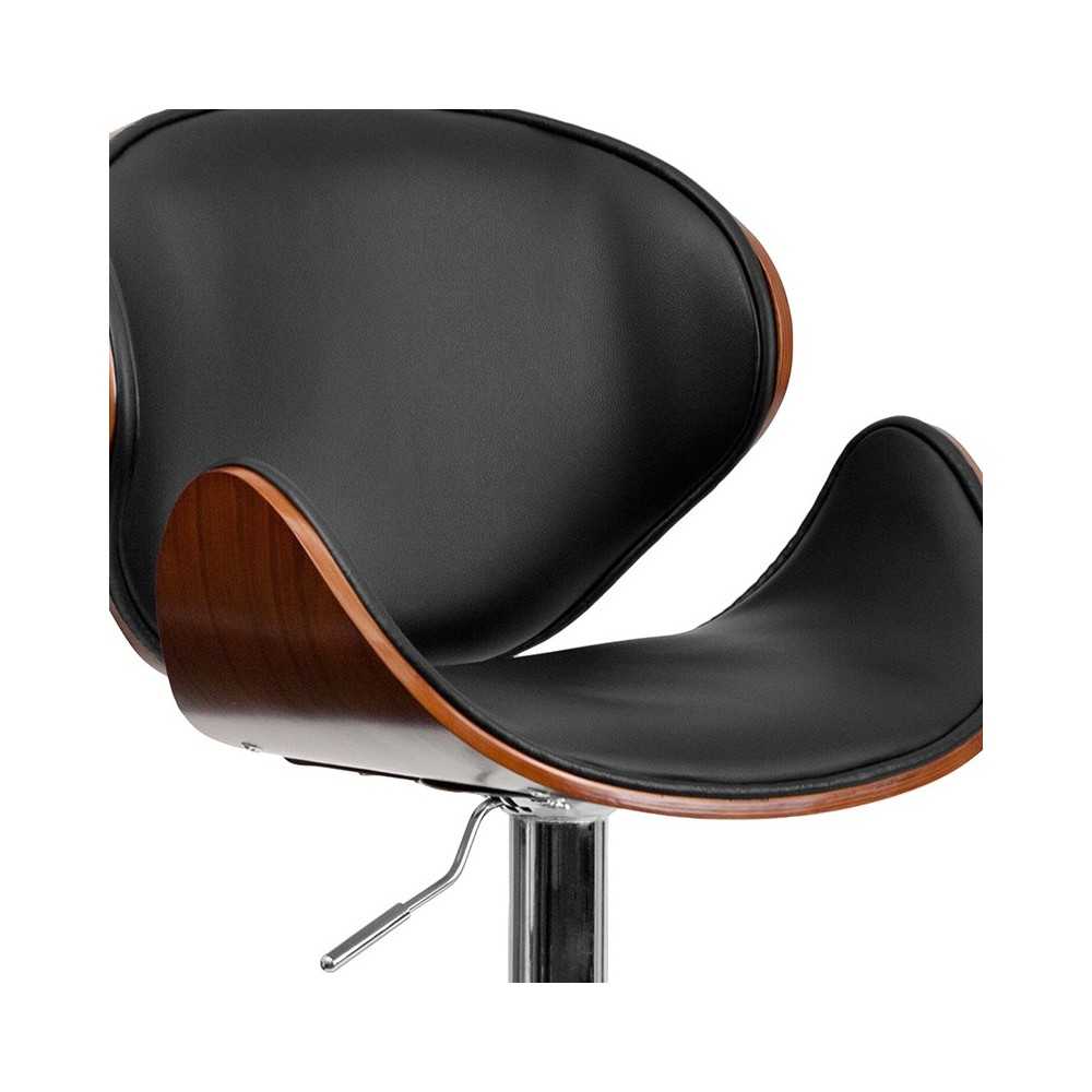 Walnut Bentwood Adjustable Height Barstool with Curved Back and Black Vinyl Seat