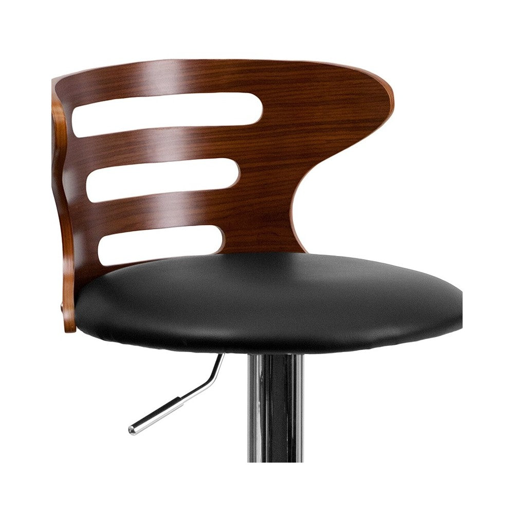 Walnut Bentwood Adjustable Height Barstool with Three Slot Cutout Back and Black Vinyl Seat