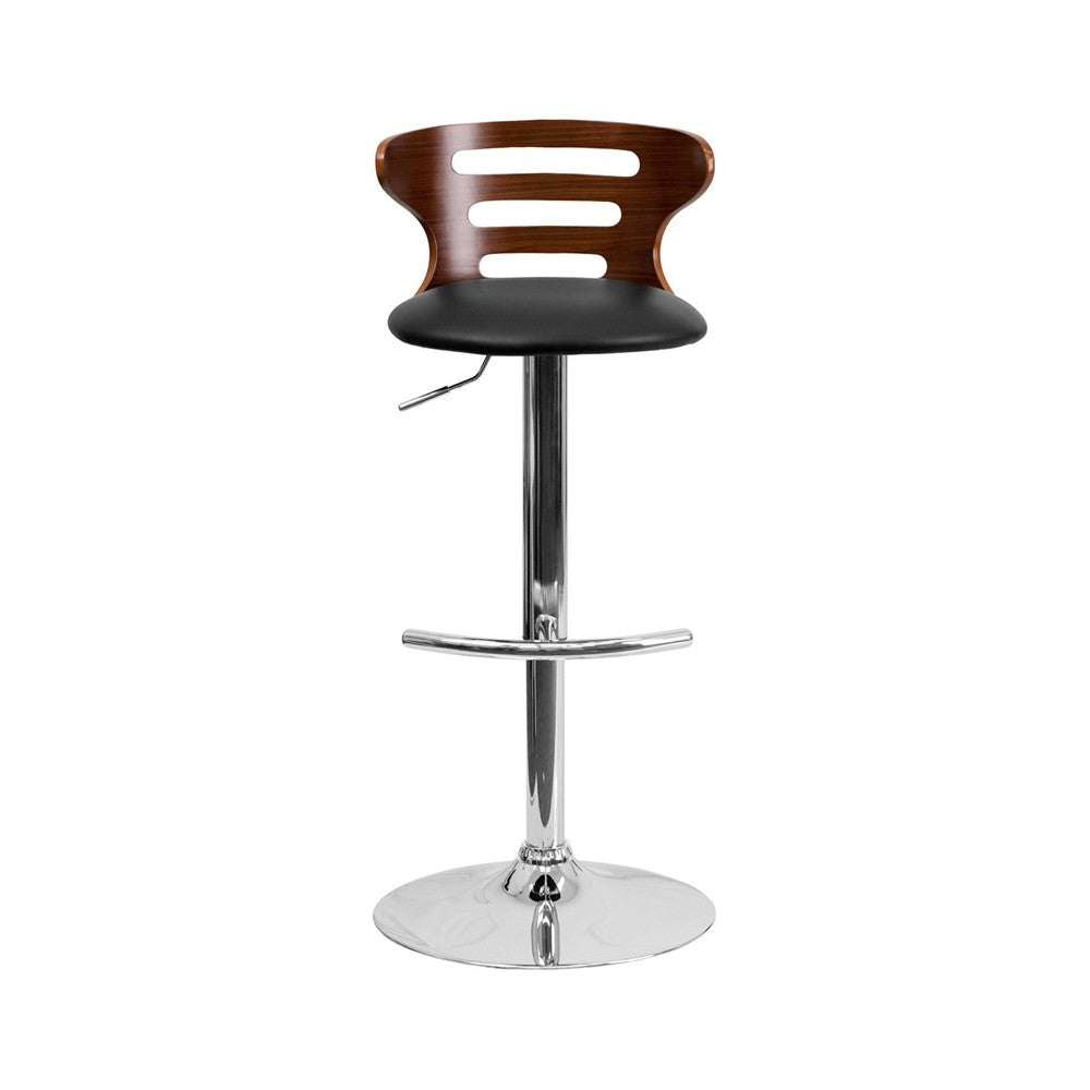 Walnut Bentwood Adjustable Height Barstool with Three Slot Cutout Back and Black Vinyl Seat