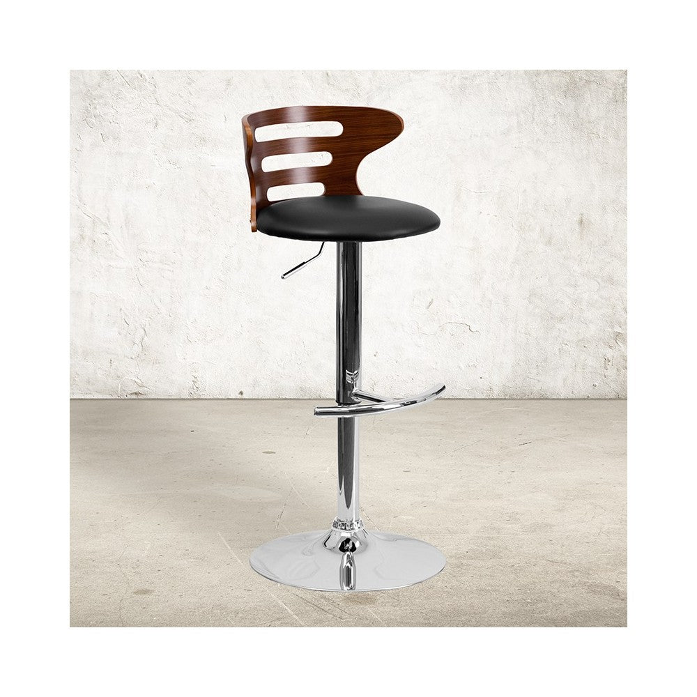 Walnut Bentwood Adjustable Height Barstool with Three Slot Cutout Back and Black Vinyl Seat