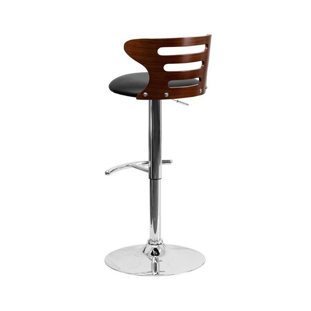 Walnut Bentwood Adjustable Height Barstool with Three Slot Cutout Back and Black Vinyl Seat