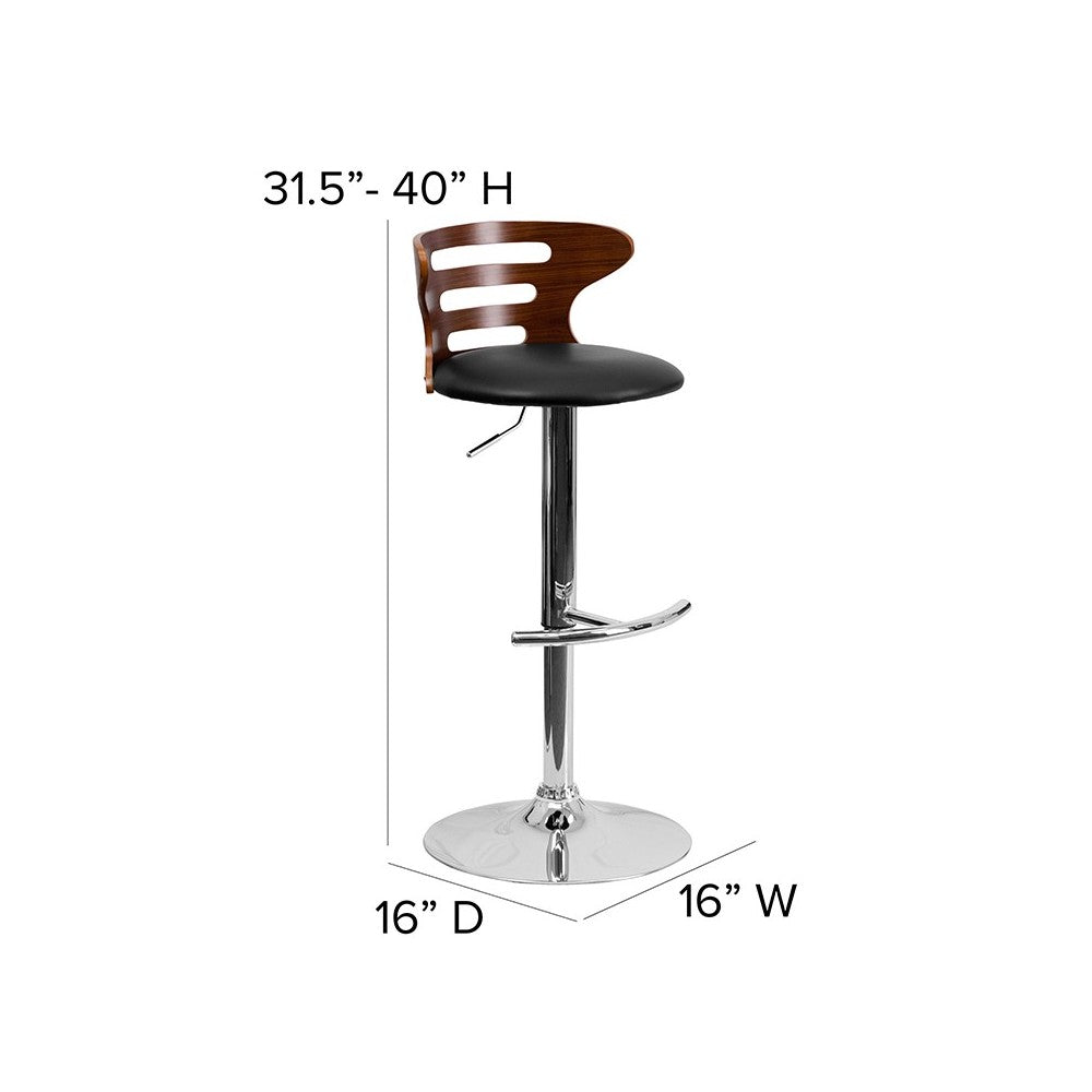 Walnut Bentwood Adjustable Height Barstool with Three Slot Cutout Back and Black Vinyl Seat