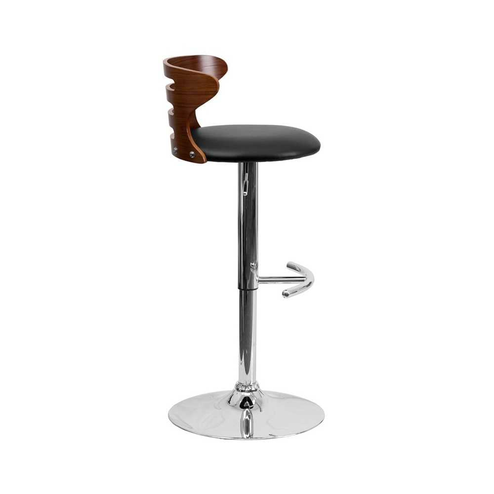 Walnut Bentwood Adjustable Height Barstool with Three Slot Cutout Back and Black Vinyl Seat