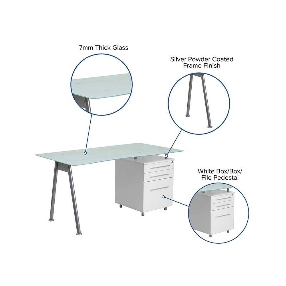 White Computer Desk with Glass Top and Three Drawer Pedestal